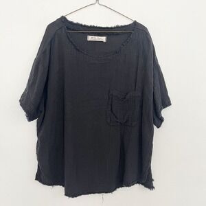 Free People T Shirt Womens Size XL Gray Cotton Distressed Oversized Pocket Tee